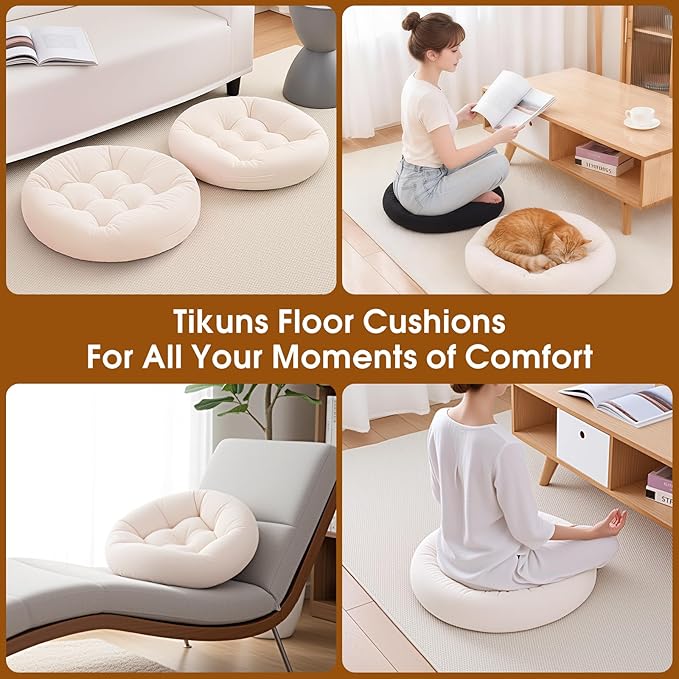 4Pcs Floor Pillows for Adults, Meditation Cushions, Large Round Sitting Cushion Living Room Memory Foam Pillow for Sitting(4, Beige, 22x22x6 Inch)