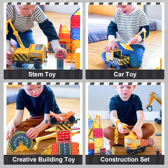Magnetic Tiles Construction Toys with Crane Road Pieces Truck Magnetic Blocks STEM Building Sensory Toys for Kids 3 4 5 6 7 8 Year Old Boys Birthday Xmas Gifts