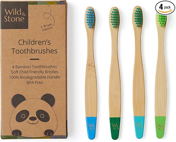 Wild & Stone | Organic Children's Bamboo Toothbrush | 4 Pack | Soft Fibre Bristles | 100% Biodegradable Handle | BPA Free | Vegan Eco Friendly Kids Toothbrushes (Aqua)