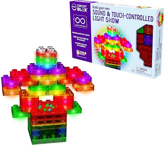 E-Blox Building Blocks STEM Circuit Kit, Build Your Own Sound & Touch Controlled Light Show, LED Lights Fade in & Out, Reacts to Voice & Music, Science, Birthday Gift, Boys, Girls, 5+