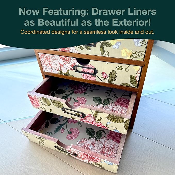 4-Drawer Vintage Desk Organizer with Jacobean Pattern Pastel Flowers Curio Drawer Dresser, Closet, Tabletop - Embroidery Reel Shelf Wood Desktop Organizing Cabinet - Victorian Floral Design