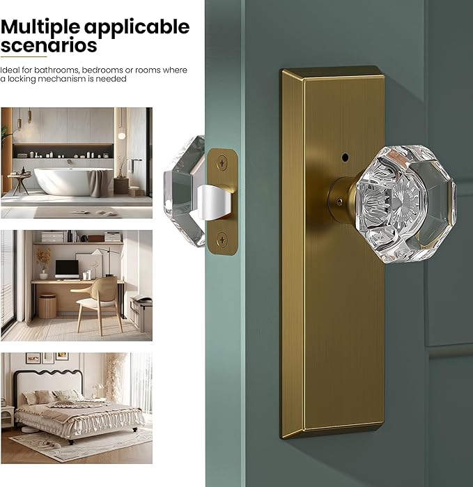 Glass Door Knobs for Interior Doors - Vintage Crystal Privacy Bedroom & Bathroom Door Knob with Lock - Diamond Cut Door Handle - Antique Brass Finish (1 Pack)