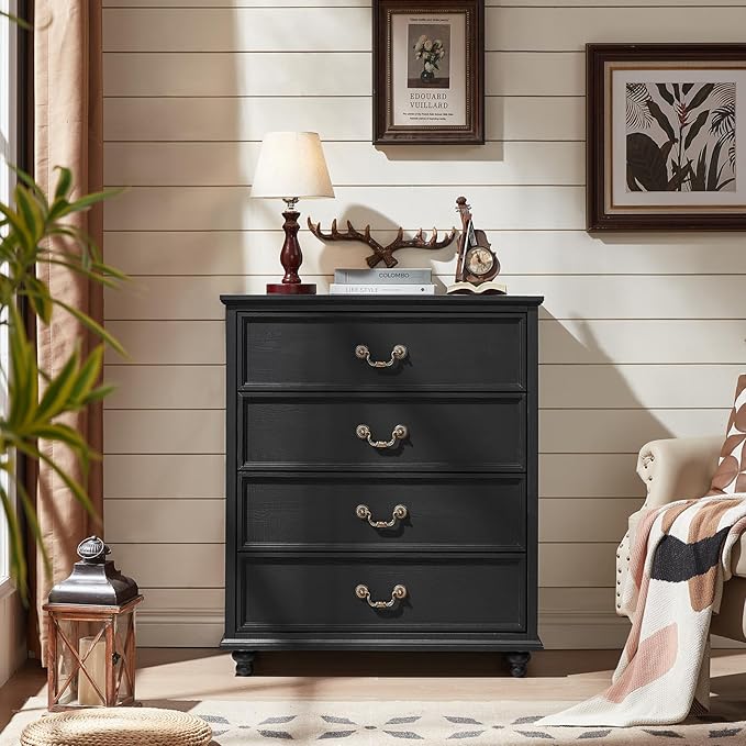 Farmhouse 4 Drawer Dresser for Bedroom, 37" Tall Rustic Chests of Drawers w/ 4 Solid Wood Feet, Mid Century Modern Wooden Closet Storage Dressers Organizer for Living Room, Hallway, Black