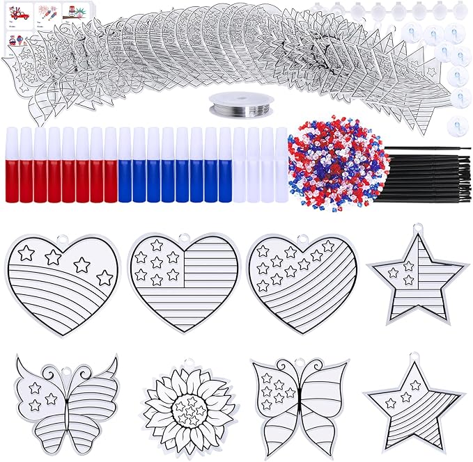 24 Sets Patriotic Suncatcher Ornaments Decoration DIY Window Paint Art Stickers Craft Kit American Heart Star Butterfly Suncatchers for Kids Classroom Patriotic 4th of July Activity Party Art Project
