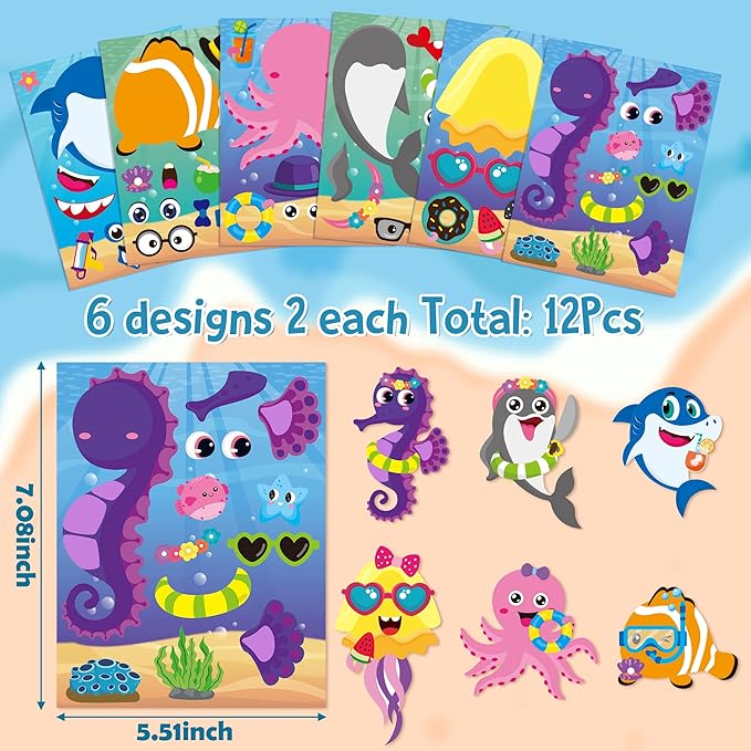 ANGOLIO Ocean Sea Animals Party Favor - 114Pcs Ocean Aniamls Toys Include Sea Animals Keychains Stickers Bracelet Cute Make A Face Stickers for Kids Ocean Themed Birthday Party Classroom Rewards