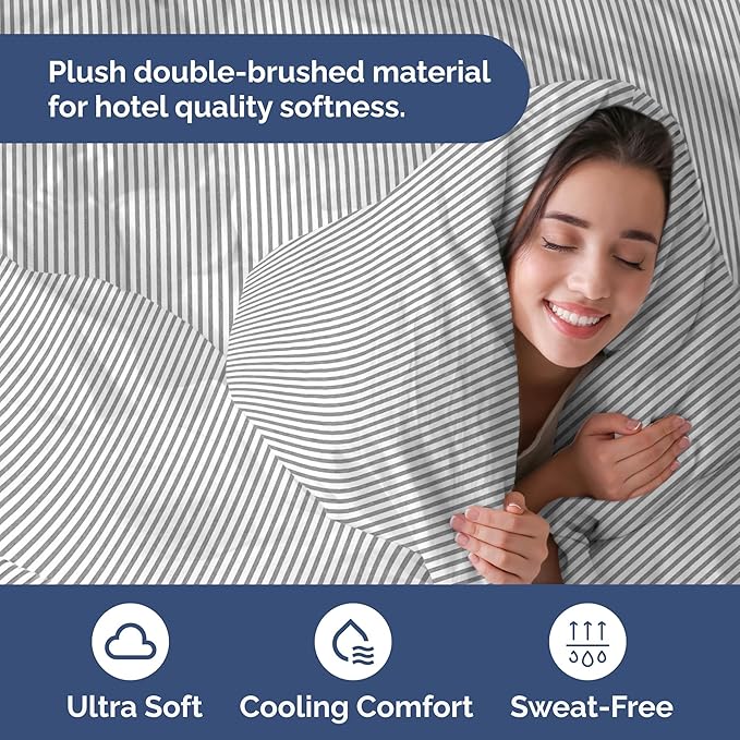 Duvet Cover Cal King Size Set - Extra Soft Cal King Size Duvet Cover 104 x 98 with 2 Pillow Shams - Hotel Luxury and Fade Free w/Zipper Closures & Ties - Comfy Breathable Bedding Set (Grey Stripes)