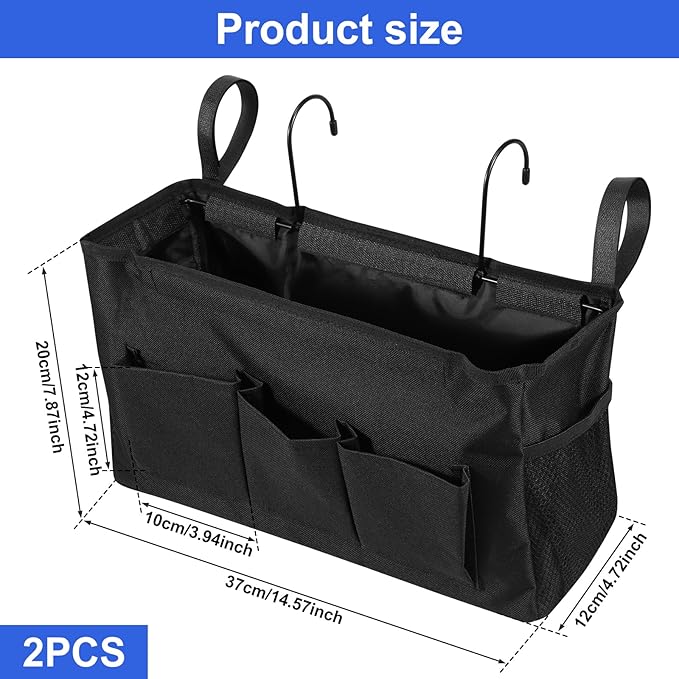 2Pcs Bedside Caddy Oxford Cloth Bedside Storage Organizer Large Capacity Hanging Storage Bag with Metal Hook Adjustable Strap Foldable Bedside Organizer