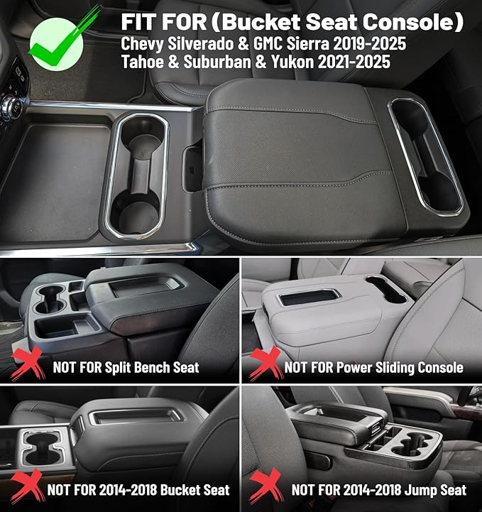 Center Console Armrest Cover for Chevy Chevrolet Silverado/GMC Sierra 2019-2024 2025, Tahoe & Suburban & Yukon 2021-2025, PU Leather Middle Console Cover Protector Pad, Truck Interior Accessories