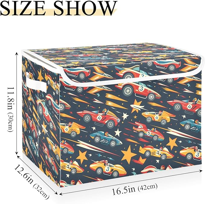 senya Large Storage Bins with Linen Collapsible Foldable Storage Cubes Fabric Closet Organizer Containers box with Flip-Top Lid for Home Bedroom Office 16.7 x 12.6 x 11.8in (Racing Car)