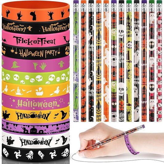 48 Pcs Halloween Pencils Halloween Rubber Bracelets Set Halloween Party Favors for Kids Ghost Pumpkin Skeleton Bat Spider Pencils Silicone Wristbands Trick or Treat Gifts Classroom Gifts for Students