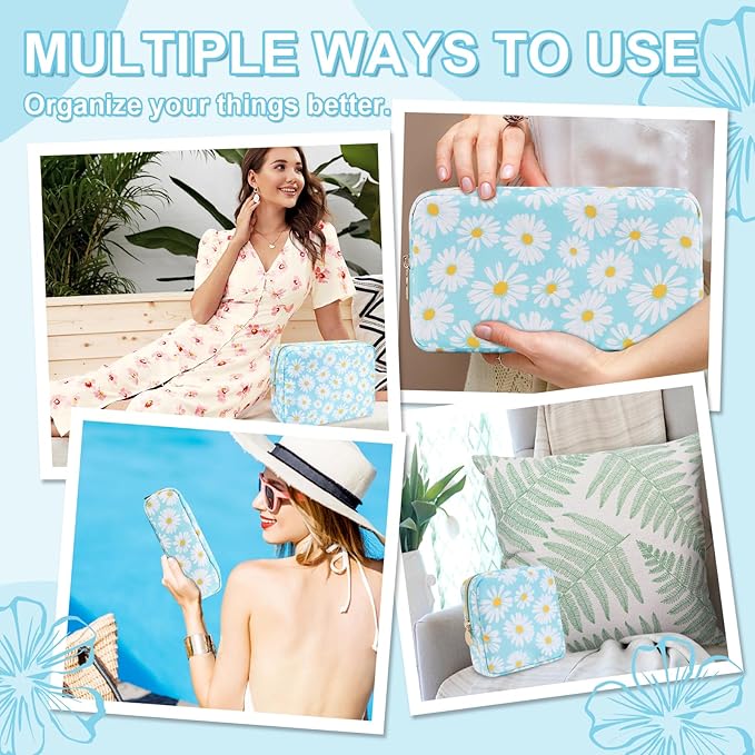 UIXIZQ Waterproof Mini Floral Makeup Bag Pouch for Purse,Nylon Flower Cosmetic Travel Bag Small Preppy Toiletry Organizers Bag for Women Girl,Cute Zipper Pouch Coin Purse for Work(Mini Blue-Daisy)