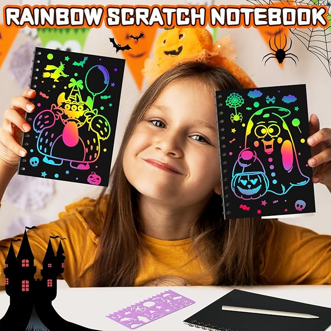 Halloween Scratch Art Party Favors: 16 Pack Rainbow Scratch Notebook Paper Party Favors for Kids Halloween Goodie Bags Stuffers Girls Boys Art Craft Birthday Gifts for Students Classroom Crafts
