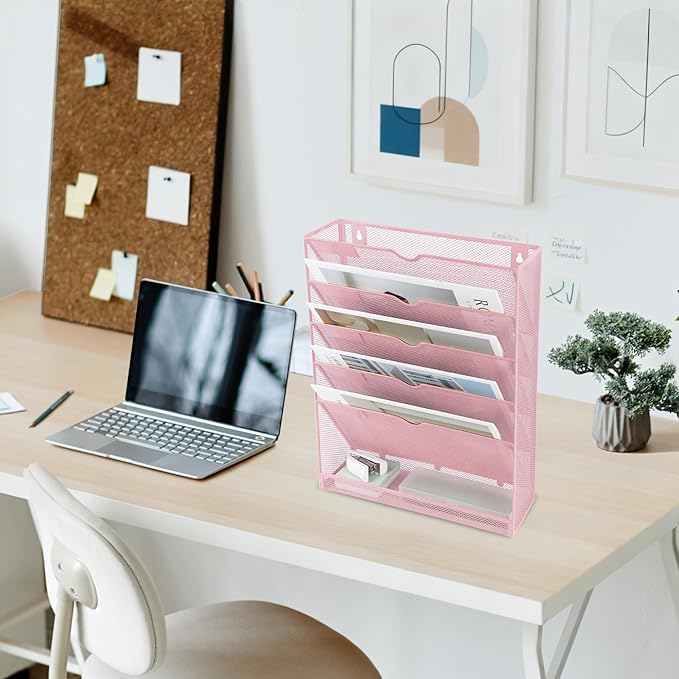 EASEPRES 6 Tier Mesh Hanging Wall File Organizer, Desk Vertical Mail Paper Document Folder Holder Rack with Bottom Tray and Nametag Label for Office Home School, Pink