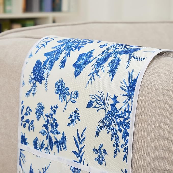 FLYILY Sofa Armrest Organizer Non-Slip Arm Chair Hanging Caddy Remote Control Holder for Magazine,Tablet, Phone, Books, Glasses(BlueFloral,13in)