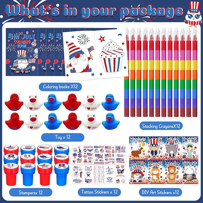 72 Pcs Patriotic Party Favors Set, 4th of July Coloring Books Red White Blue Party School Exchange Gifts Tattoo DIY Sticker Stampers Class Reward Prizes for Independence Memorial Day Party Supplies