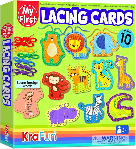 KRAFUN Safari Animal Preschool Arts & Crafts Lacing Kit, 10 Easy Lacing Cards for Toddlers Fine Motor Skills