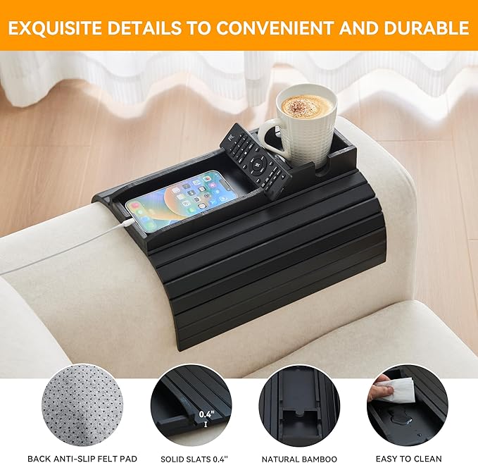 GEHE Bamboo Couch Cup Holder, Anti-Spill Sofa Arm Tray, Natural and Easy to Clean Couch Arm Cup Holder Armrest Tray Perfect for Cups, Beers, Snacks, Remote Control, Drinks
