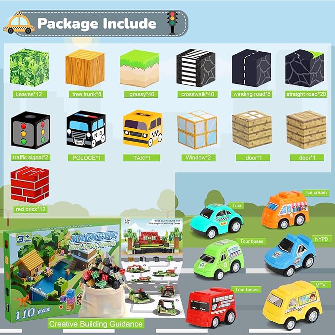 Magnetic Blocks 110PCS with 5 Car Toys, City Building Blocks Set, Toys for Boys & Girls Age 4-6, 6-8, Stacking Building Toys for Toddlers Sensory Toy for Kids 3+