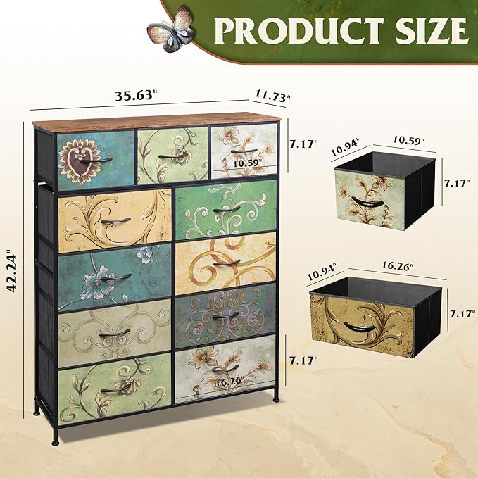 WLIVE Storage Organizer Unit with 11 Fabric Bins, Storage Drawers Organizer with Steel Frame, Tall Storage Tower Organizaton for Living Room, Hallway, Office, Floral Painted