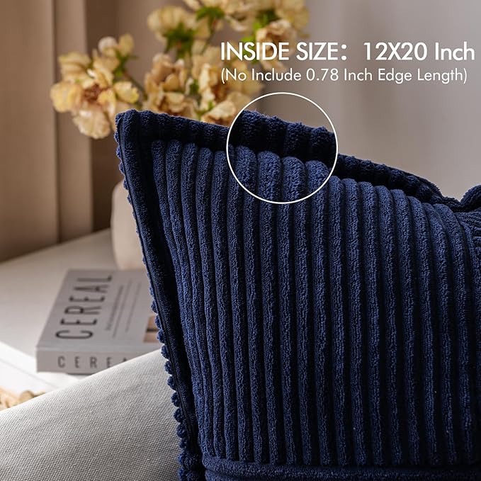 MIULEE Decorative Lumbar Throw Pillow Covers for Couch Bed Livingroom 12x20 Inch Set of 2 Navy Blue Boho Accent Throw Pllows Broadside Striped Patchwork Soft Corduroy Summer Coastal Pillowcases