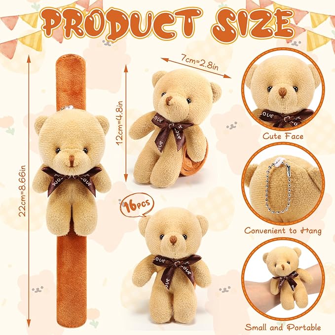 Ceenna 16 Pcs Valentine's Day Bear Stuffed Animal Slap Bracelets Plush Bear Slap Bracelets Adorable Bear Slap Wrist Bracelets Bulk for Birthday Party Favors Goodie Bag Fillers(Bear,Khaki)