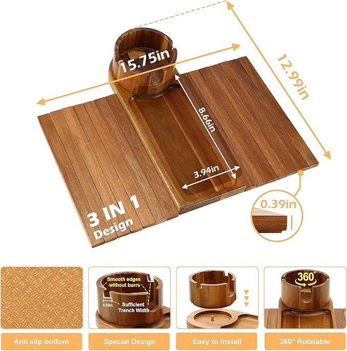 Couch Cup Holder, Acacia Wood Couch Arm Tray with 360° Rotating Cup Holder,Foldable Anti-Slip Sofa Arm Chair Tray for Eating Snack Drink Side Table