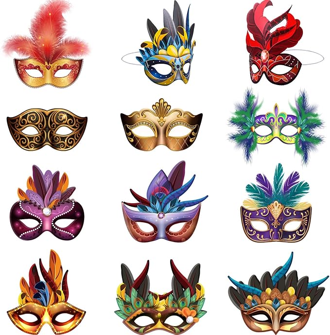 Blulu Mardi Gras Masks Paper Carnival Parade Faux Feather Face Masks Masquerade Party New Orleans Novelty Decorations Fantasy for Women Man Costume Party Favors