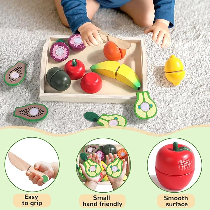 Fajiabao Wooden Play Food Set for Kids Kitchen Montessori Toddlers Toys 1-3 Pretend Cutting Fruit Educational Birthday Gifts for Girls Boys 2 3 4 Year Old