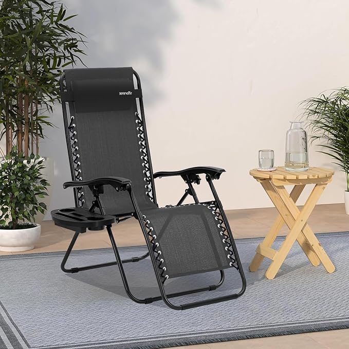SereneLife Zero Gravity Outdoor Lounge Chairs 2 Pack – Folding Recliners with Side Table, Cup Holder & Padded Headrest – Adjustable Patio Chairs for Lawn, Garden, Deck, Camping (Black)