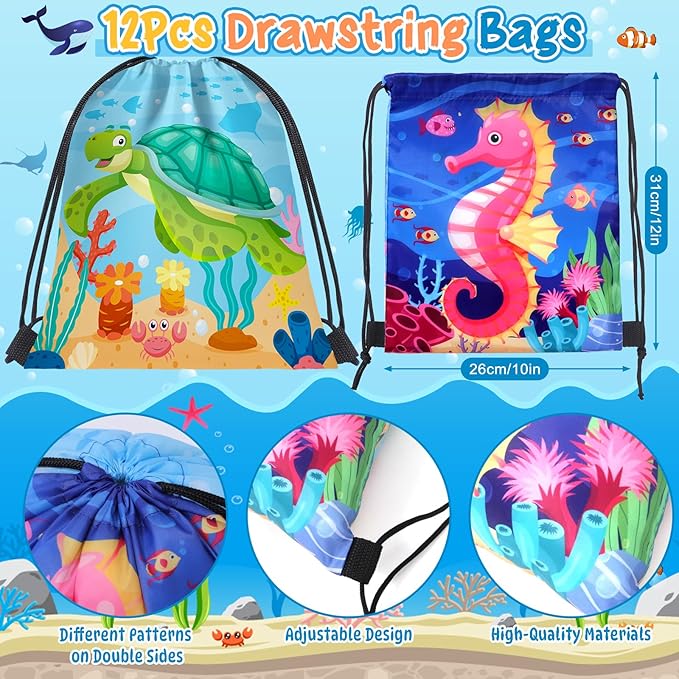 12Sets Under the Sea Party Favors Birthday Supplies, Sea Animal Drawstring Bags Silicone Bracelets Keychains Tattoo Stickers Pinata Filler Goodie Bag Stuffers, Ocean Themed Party Favors Supplies