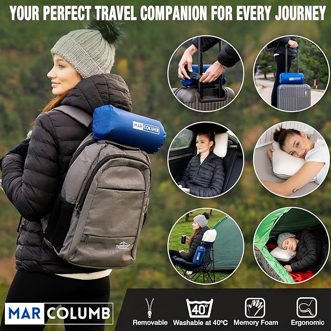Marcolumb Travel & Camping Comfortable Memory Foam Pillow – Easy to Carry Portable Bag – Temperature Regulating Pillow Case - Perfect for Travelling (White)