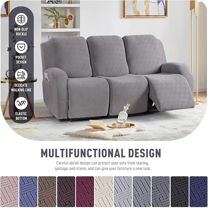 KinCam Recliner Covers, Stretch Reclining Chair Covers, Recliner Sofa Slipcovers Stripe Jacquard Recliner Couch Covers Furniture Protector Covers for Pet Kid (3 Seater, Light Gray)