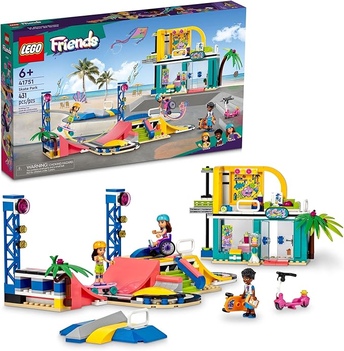 LEGO Friends Skate Park Set 41751, Skateboard Toys for Girls and Boys Ages 6 Plus, Mini-Doll Playset with Toy Scooter and Wheelchair, Birthday Gift Idea for Creative Play