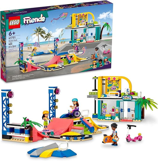 LEGO Friends Skate Park Set 41751, Skateboard Toys for Girls and Boys Ages 6 Plus, Mini-Doll Playset with Toy Scooter and Wheelchair, Birthday Gift Idea for Creative Play
