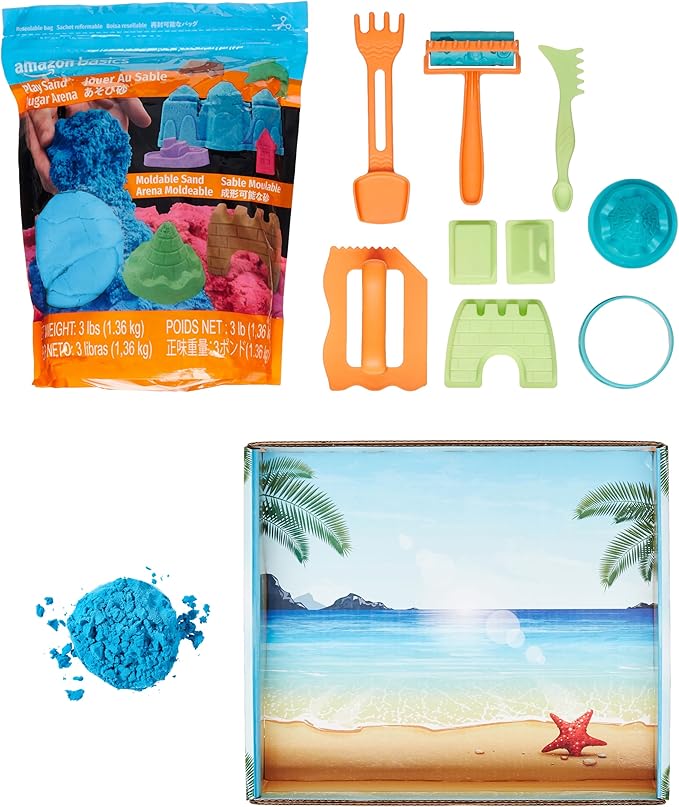 Amazon Basics 11 Piece Moldable Sensory Sand Toy Kit with Castle Molds and Tools, 3lbs Blue Color, for Kids Ages 3 and Up
