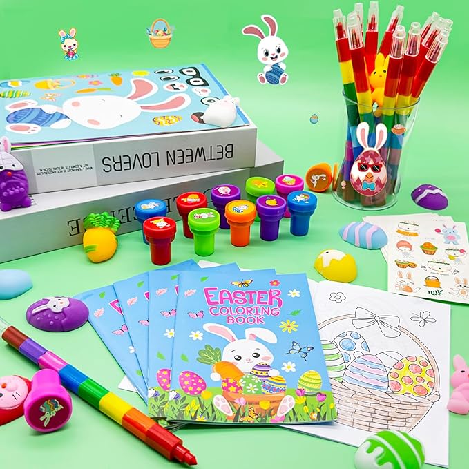 72 Pcs Easter Party Favors Easter Egg Bunny Rabbit School Exchange Gifts Coloring Books Stacking Crayons Tattoo Puzzle DIY Sticker Stampers Class Reward Prizes for Spring Easter Party Supplies