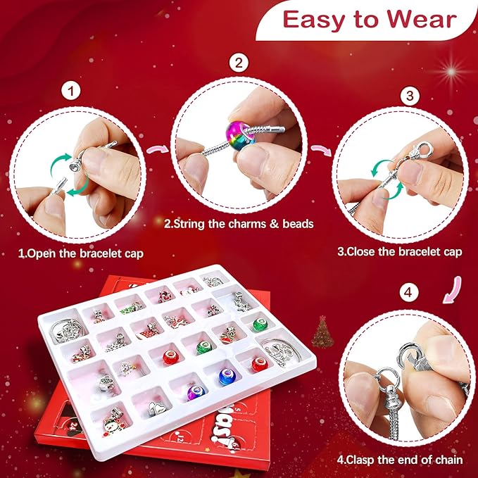 Christmas Advent Calendar 2024 Girls, 24 Days Xmas Countdown Calendar Jewelry Bracelet Set, DIY Charm Bracelet Making Kit Gift for Girls Kids Teens