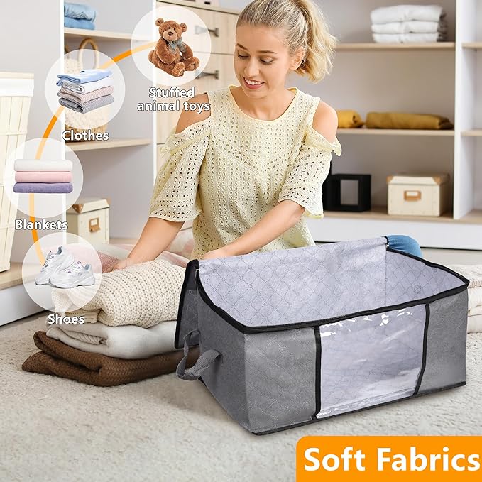 6 Pack Clothes Storage Bags with Zipper, Foldable Blanket Storage Box with Clear Window Reinforced Handles for Closet, Dorm, Pillows, Bedding, Sheet, Comforter, 45L Gray
