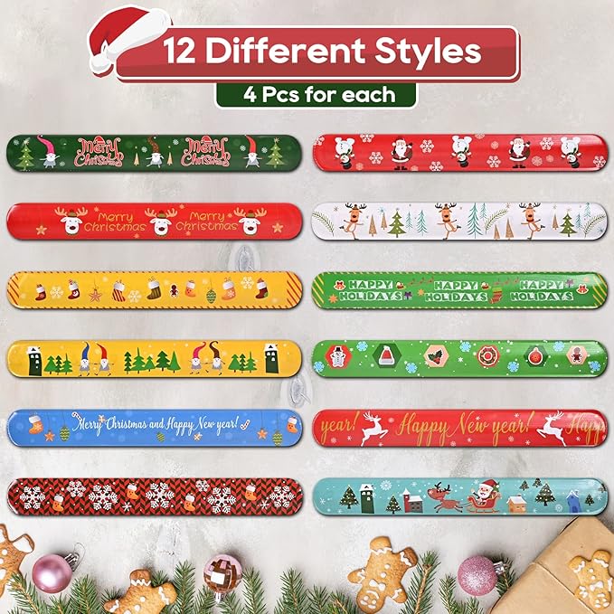 GlyinnHe 48Pcs Christmas Slap Bracelets, Xmas Snap Bracelet Snata Claus Reindeer Wristband for Party Favors Gift Bag Filler School Prizes