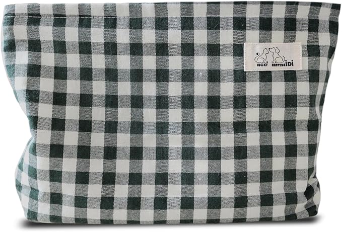 HAPPYHEIDI Dark Green Gingham Pouch Cotton Makeup Bag Cosmetic Travel Make Up Purse Organizer, Zipper Closure, Canvas Lined, Vintage Moss Green