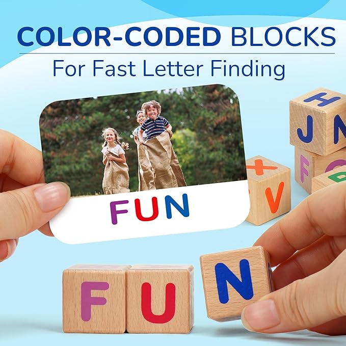BenBen Spelling Games with Flash Cards, Montessori Toys for 3 4 5 6 Years Old Kids, Wooden Matching Letters Toys, CVC Word Educational Learning Toys, Gift for Preschool Kindergarten