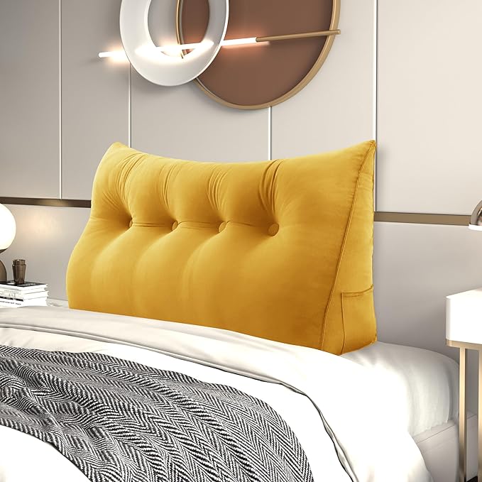 Headboard Wedge Pillow Large Bolster Reading Pillows for Sitting in Bed Adult， Velvet Triangular Cushion Backrest Lumbar Back Support Upholstered Daybed Sit Up Book Pillows（Yellow, Full）