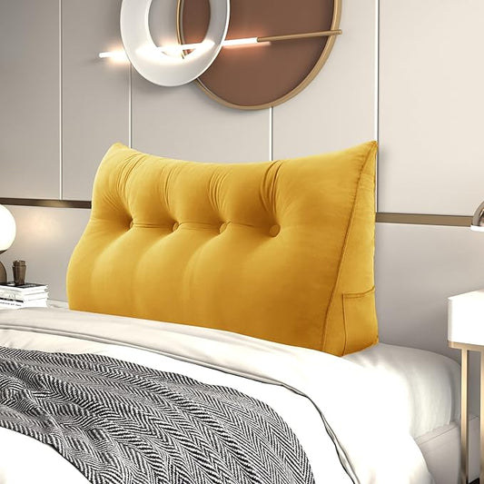 Headboard Wedge Pillow Large Bolster Reading Pillows for Sitting in Bed Adult， Velvet Triangular Cushion Backrest Lumbar Back Support Upholstered Daybed Sit Up Book Pillows（Yellow, Full）