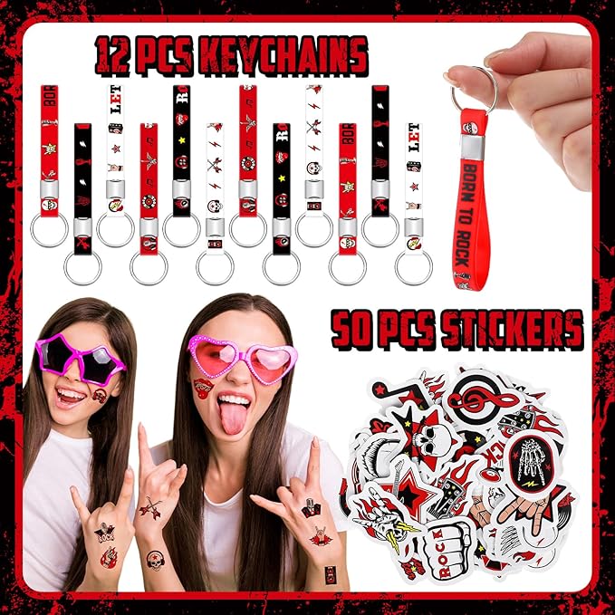 Blosssound 122 Pcs Rock and Roll Party Favors with Rock Star Silicone Bracelets VIP Pass Badges Stampers Keychains Stickers Let's Rock Birthday Party Supplies for 80s 90s Rock Music Party Decorations