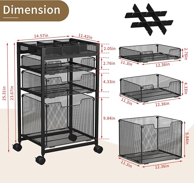 Rolling File Cart with 3 Storage Drawers, Under Desk Filing Cabinet with DIY Divider, Hanging File Folder Organizer on Wheels, Fits A4/Letter Size, Metal Utility Cart for Home Office, Black