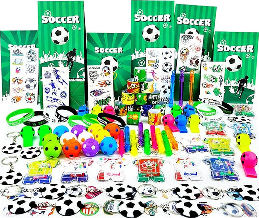 158Pcs Soccer Party Favors for Kids, Soccer Goodie Bag Stuffers Includ Rotatable Finger Stress Toys Whistles Bubble Wands Keychain Sticker for Birthday School Classroom Gifts Reward Prize