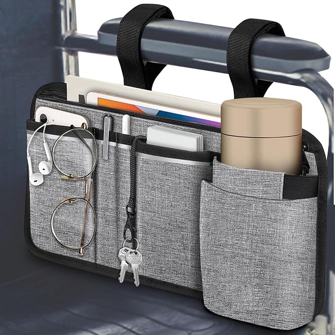 FINPAC Wheelchair Side Storage Bag w/Cup Holder, Wheelchair Armrest Accessories Pouch with Pen Slot and Reflective Strips for Power Walkers, Rollators, Seniors - Gray