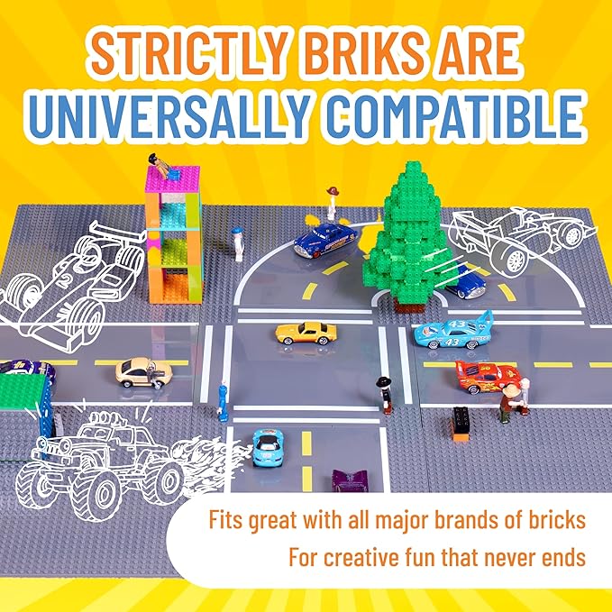 Strictly Briks Compatible with Lego Building Blocks Road Plates 10" x 10", 4 Pack Brick Baseplates for City Road, Street, Race Track, Classic Size (2 Straight + 1 Curved + 1 Intersection)