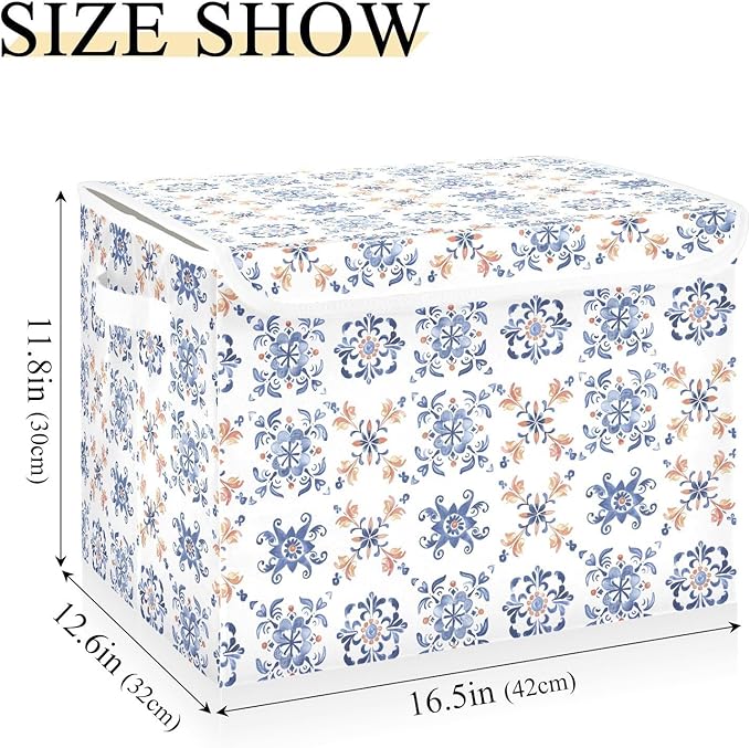 senya Large Storage Bins with Linen Collapsible Foldable Storage Cubes Fabric Closet Organizer Containers box with Flip-Top Lid for Home Bedroom Office 16.7 x 12.6 x 11.8in (Dutch Tiles)