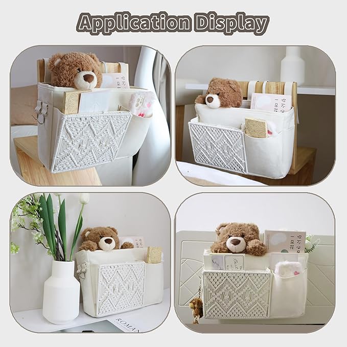 GYASVWU Boho Hanging Bedside Caddy Organizer, Macrame Bedside Pocket, Bunk Bed Organizer for Dorm Room , Baby Bed Rails, Magazine Storage, Toy Storage (White)